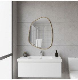 Resim 70x95 Cm Modern Asimetrik Banyo Aynası Altın Çerçeveli Organik Şekilli Duvar Aynası Altın 