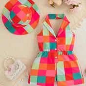 Resim Canlı Renk Bloklu Kız Kolsuz Tulum ve Uygun Güneş Şapkası - Günlük Yazlık Kıyafet, Halter Boyun, Düğmeli Tasarım, Polyester Kumaş, Gençlerin Dış Mekan Oyunları İçin Mükemmel, Kız Giysileri, Dış Mekan İçin Mükemmel 