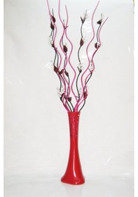 Resim 60 Cm Desenli Kırmızı Vazo 5 Adet Beyaz Üzüm 5 Adet Fuşya Dal 