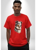 Resim Australian Shepherd Köpek Pamuklu Bisiklet Yaka Unisex Oversize Boyfriend Dijital Baskılı Kırmızı T-shirt Kırmızı 