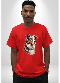 Resim Australian Shepherd Köpek Pamuklu Bisiklet Yaka Unisex Oversize Boyfriend Dijital Baskılı Kırmızı T-shirt Kırmızı 