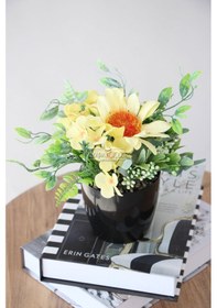 Resim Saksıda Ayçiçeği Ve Garnitürlü Ortanca Çiçeği Tanzimi Açık Sarı 