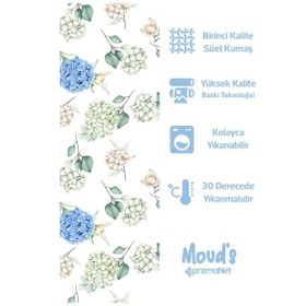 Resim Yeşil Mavi Çiçek Desenli Baskılı Süet Runner Masa Örtüsü 