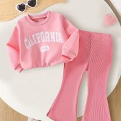 Resim Küçük kızlar için harika bir kışlık takım, harf baskılı uzun kollu yuvarlak yaka kalın üst ve düz renkli ribana flare pantolon, gençler için mükemmel, dış mekanlar için ideal 