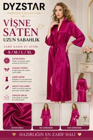 Resim Genel Markalar Vişne Uzun Saten Sabahlık Kuşaklı Zarif Kadın Ev Giyim S/M-L/XL 