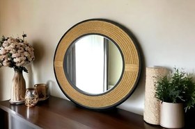 Resim Dfn Wood Siyah Çerçeveli Jut Halatlı Yuvarlak Dekoratif Duvar Salon Banyo Aynası 97 Cm Çap 