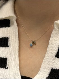 Resim Altın Nazar Boncuklu N Harfli Zincir Sarı 