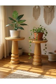 Resim AYLESA Doğal Ahşap 2’li Set Mantar Yan Sehpa Modern Fiskos Zigon Çiçeklik 