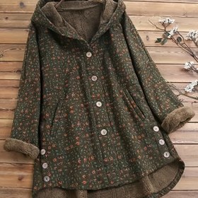 Resim Kadın Vintage Çiçek Baskılı Fleece Kaban - Rahat Uzun Kollu Kapüşonlu Ceket, Düğme Önü, Peluş Ribbed Cuffs & Hem, Zeytin Yeşili Kış Dış Giyim, Rahat ve Şık Kıyafetler, Kış Kabanları, Rahat Stil, Peluş Fleece Astar 