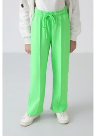 Resim Neon Yeşil Cepli Ön Dikiş Detaylı Geniş Paça Kız Çocuk Eşofman Altı -75144 Neon Yeşil 