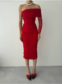 Resim Polack Tek Omuz Tül Elbise 