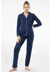 Resim Türen 3365 Kadın Uzun Kollu Gömlek Yaka Pijama Takım-lacivert Lacivert 