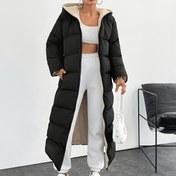 Resim Kadınlar İçin Şık Uzun Puf Kaban - Siyah, Rüzgar Geçirmez Kapüşonlu Kışlık Ceket Yan Cepli, Makinede Yıkanabilir Polyester, Soğuk Hava Kıyafetleri için Mükemmel, Günlük Şık Giyim | Kapüşonlu Puf Kaban | Polyester Ceket, Puf Ceket 