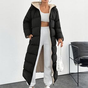 Resim Kadınlar İçin Şık Uzun Puf Kaban - Siyah, Rüzgar Geçirmez Kapüşonlu Kışlık Ceket Yan Cepli, Makinede Yıkanabilir Polyester, Soğuk Hava Kıyafetleri için Mükemmel, Günlük Şık Giyim | Kapüşonlu Puf Kaban | Polyester Ceket, Puf Ceket 