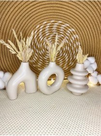 Resim BNGE Ticaret Dekoratif 10cm Taş Rengi Küçük 3 Adet Minimal Bohem Vazo Ev Salon Tv Ünitesi Kitaplık Biblo Aksesuar 