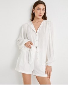 Resim Koton Oversize Gömlek Balon Kollu Hakim Yaka Metalik İpli Kırık Beyaz 4sak60119pw Ekru 