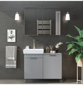 Resim Dubai Sepetli Mdflam Banyo Dolabı, Lavabolu Banyo Alt Dolabı + Aynalı Banyo Üst Dolabı Takımı Kül Gri 