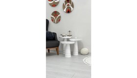 Resim Ahşap 3'lü Set Mantar Yan Sehpa Modern Beyaz Renk Fiskos Zigon Çiçeklik 