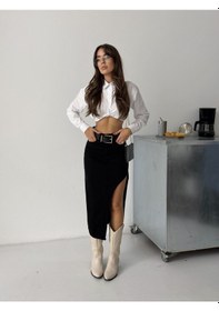 Resim Kadın Uzun Ön Parçalı Asimetrik Kot Etek Si Yah 