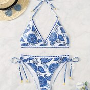 Resim 2024 Yeni Baskılı Seksi Halter Boyunlu Çiçekli Bağcıklı Yırtmaçlı Kadın Bikini Takımı 
