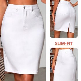 Resim Kadınlar için Dekoratif Düğmeli Yüksek Bel Orta Bel Düz Beyaz Dar Kesim Esnek Kot Etek - Bahar/Yaz/Sonbahar için Mükemmel, Şık ve Çok Yönlü Moda Aksesuarı | Şık Kot Etek | Moda Aksesuarı 