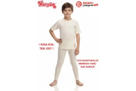 Resim Hasyün Unisex Çocuk %75 Yün Sıcak Tutan Tene Batmaz Kısa Kollu Yün Tek İçlik 