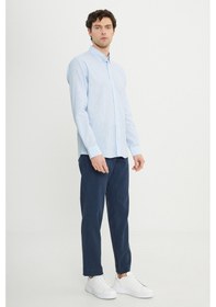 Resim AC&Co / Altınyıldız Classics Erkek Mavı Beyaz Pamuklu Keten Comfort Fit Rahat Kesim Düğmeli Yaka Çizgili Gömlek Mavı Beyaz 