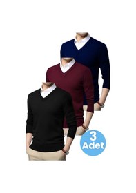 Resim Tezzgelsin 3'lü Erkek V Yaka Uzun Kol Triko Tüylenmez Süveter Erkek Slim Fit Süveter Siyah - Bordo - Lacivert 