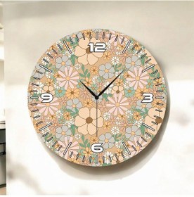 Resim Papatya Arka Planlı Renkli Baskı Çiçek Desenli Sayılı Hediyelik Ahşap Sessiz Duvar Saati 50cm ÇOk Renkli 