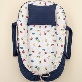 Resim Babynest ve Yastık- Çift Taraflı - Lacivert Saten - Renkli Arabalar 