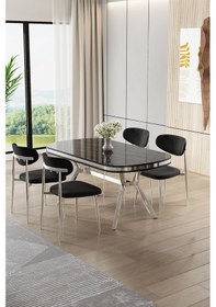 Resim Canisa Olya Serisi 90x168 Lak Panel Sonata Masa Takımı Krom Ayaklı 4 Siyah Sandalye Sonata Masa Siyah Sandalye 
