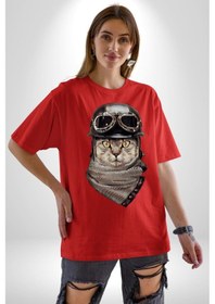 Resim Kasket Bandana Motorcu Kedi Pamuklu Bisiklet Yaka Unisex Oversize Boyfriend Dijital Baskılı Kırmızı T-shirt Kırmızı 