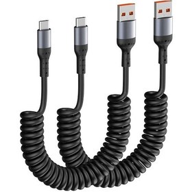 Resim Yaylı Geri Çekilebilir Veri Kablosu, Araba Geri Çekilebilir Şarj, 66w, Usb'den Type C'ye Siyah 66w Alaşım 2 