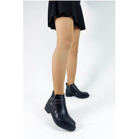 Resim Siyah Renk Fermuarlı Cilt Deri Kemer Aksesuarlı Kadın Bot Siyah 