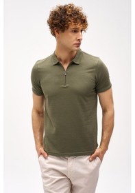 Resim Açık Yeşil Slim Fit Dar Kalıp Fermuarlı Polo Yaka Düz Kısa Kollu Tişört-16406 Yeşil 
