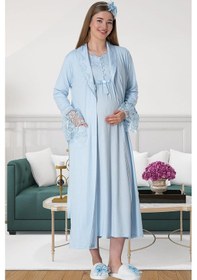 Resim Mecit Pijama Mecit 5417 Mavi Uzun Sabahlıklı Lohusa Gecelik Takımı 