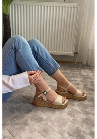 Resim Kadın Bohema Bej Cilt Tek Bantlı Kalın Mantar Taban Ortopedik Sandalet K-210 Bej 