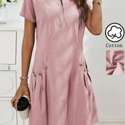 Resim Kadınların Şık Mavi T-Shirt Elbisesi, Yarım Fermuarlı Ön, Düğme Detayları ve Çift Cep - Bahar/Yaz için Rahat Yaz Elbisesi, Kısa Kollu, Yuvarlak Yaka, Hafif Kumaş, Bahar Yaz Elbisesi | Yuvarlak Yaka Elbise | Parlak Dokulu 