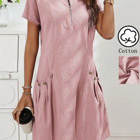 Resim Kadınların Şık Mavi T-Shirt Elbisesi, Yarım Fermuarlı Ön, Düğme Detayları ve Çift Cep - Bahar/Yaz için Rahat Yaz Elbisesi, Kısa Kollu, Yuvarlak Yaka, Hafif Kumaş, Bahar Yaz Elbisesi | Yuvarlak Yaka Elbise | Parlak Dokulu 
