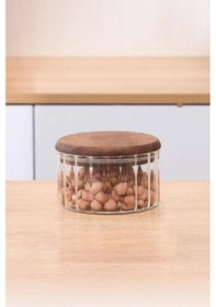 Resim Borosilikat Cam Yuvarlak Kavanoz 300 Ml Ahşap - Şeffaf 