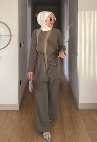 Resim Tesettür Diyarı Tilda Fırfır Detaylı Tansel Kumaş Tesettür Takım- Haki 