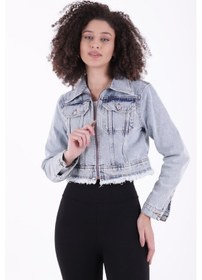 Resim Püskül Detaylı Ve Fermuarlı Kolları Düğmeli Kısa Kot Kadın Ceket Kar Yıkama Açık Mavi Denim Kar Yıkama Açık Mavi 
