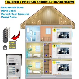 Resim 3 Daire İçin 7inç Ekan Görüntülü Diafon Sistemi Dokunmatik Ekran-renkli-sesli Konuşma-kapıyı Açma 