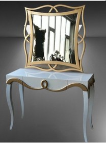 Resim Dresuar Tombul Ayak Model Kayın Torna Mdf Çekmece Tabla Parlak Gold Beyaz Uyumu Şekil Gold Ayna Beyaz 