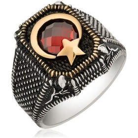 Resim 925 Ayar Gümüş Kırmızı Zirkon Taşlı Ay Yıldız Tasarım Erkek Yüzük - 554938036 