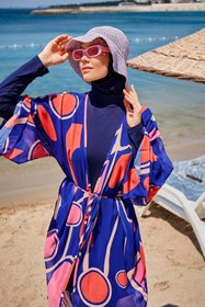Resim Marina Swimwear Geometrik Saks Kimono Kaftan P2339 