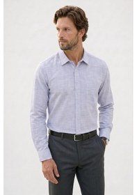 Resim Tudors Erkek Regular Fit Klasik Kesim Oversize %100 Pamuk Keten Doku Lacivert Gömlek-42666 