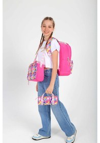 Resim Kaukko Double Stripe Kız Çocuk İlkokul Üçlü Okul Çantası Seti - Pembe - Yaprak Desenli Pembe 