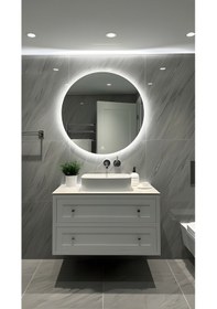 Resim Digital Hayat Dokunmatik Dimlenebilir Beyaz Led Işıklı Yuvarlak Ayna Dekoratif Banyo Makyaj Aynası Beyaz 