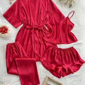 Resim Kadınlar için 4 adet şık pembe saten pijama takımı - Robe, Bralette, Şort ve Pantolon içerir - Yumuşak Polyester, Tüm Mevsimler için Rahatlık, Lüks Hissi, Rahatlamak ve Uyku Giyimi için Mükemmel, Rahat Giyim | Zarif Pijama Takımı | Pürüzsüz Dokusu 